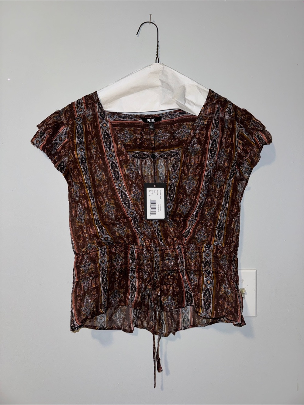 PAIGE Brown Multicolor Boho Print V-Neck Short Sleeve Top